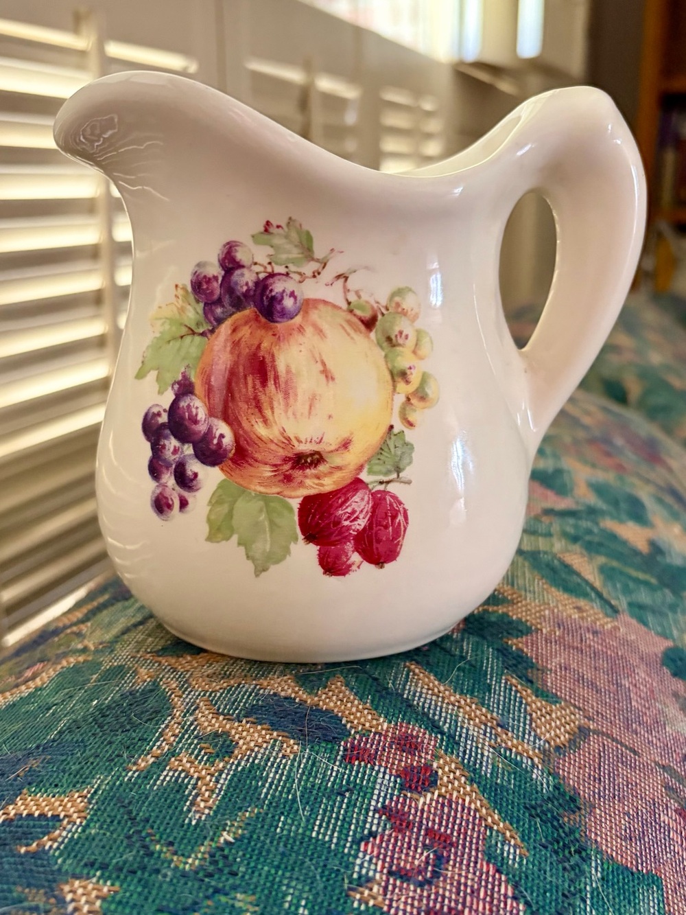 Vintage Ceramic Fruit Pitcher with Peach and Grapes Motif